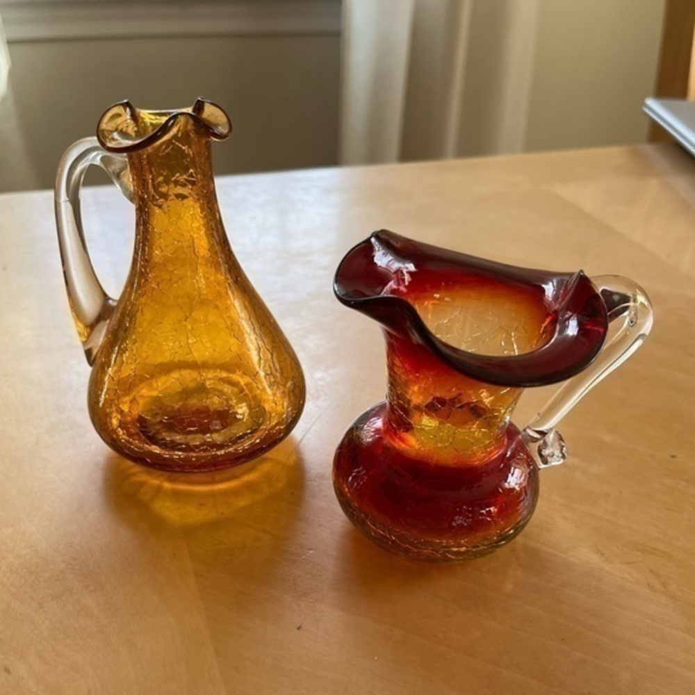 Glass Cruets - Vases Amber Red Colored Pair of Two